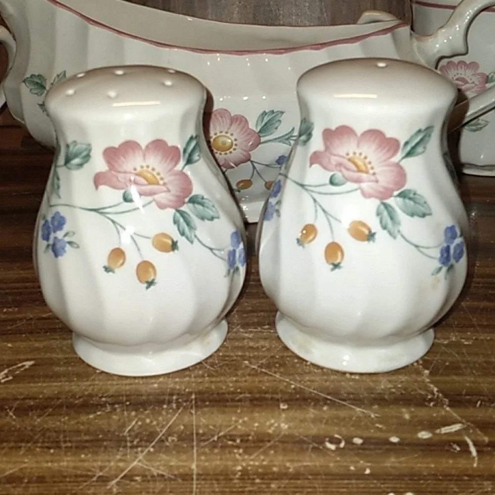 Churchill England Briar Rose creamer sugar salt pepper gravy boat cups